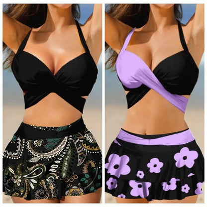 Purple and black women's high waist bikini set with lace-up top and separate swim skirt.