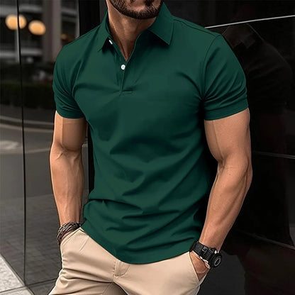 Men's solid colour short sleeve polo shirt with button collar in cotton mix fabric