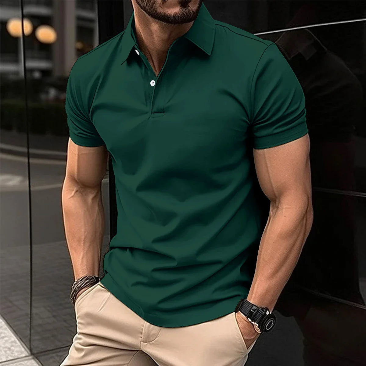 Men's casual short sleeve cotton polo shirt in a variety of solid colors