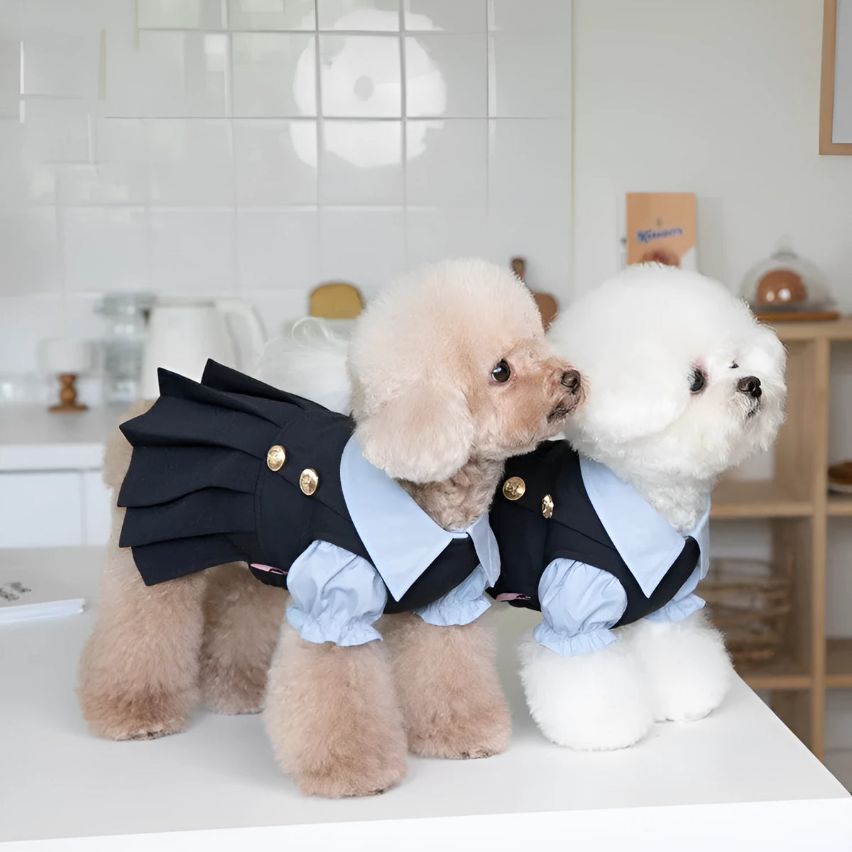 Dark grey teddy bear style dog clothing on pet model showing full coverage design