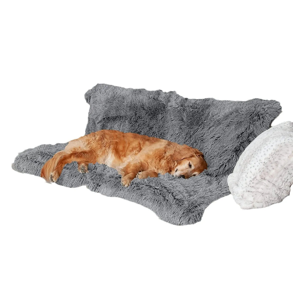 Grey plush waterproof dog cushion showing double-layer construction and rectangular shape