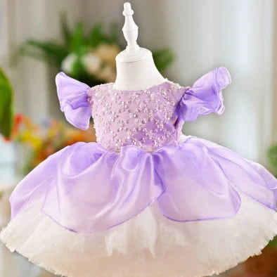 Children's pink flounced sleeve pettiskirt dress with princess styling for birthday parties