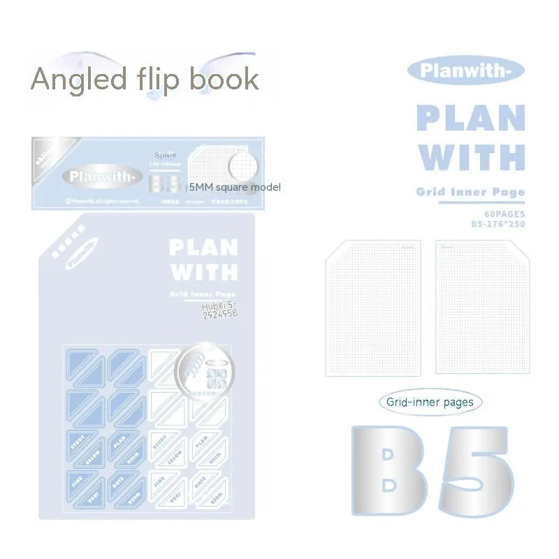 Oblique Angle notebook with 60 sheets, A5 or B5 size, white or plaid blue cover options for student use