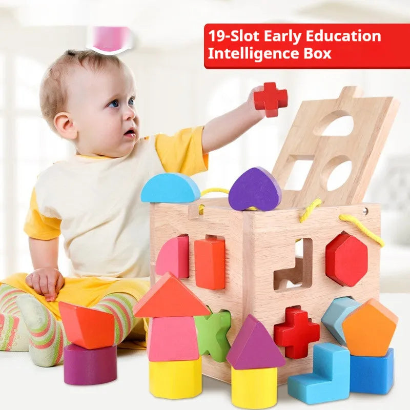 Wooden geometric shape matching building blocks with intelligence boxes for infants educational toy