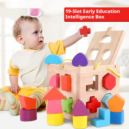 Wooden geometric shape matching building blocks with intelligence boxes for infants educational toy