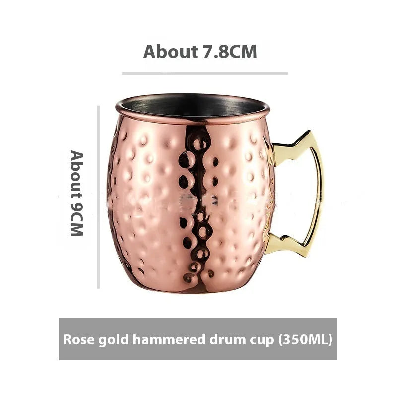 Stainless steel Moscow Mule cup with copper interior in gold, rose gold, silver, or black finish.
