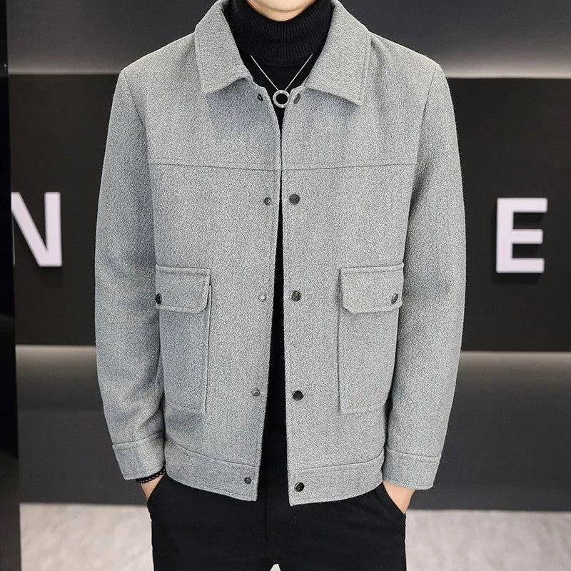 Casual khaki polo collar jacket with side seam pockets on a solid background.