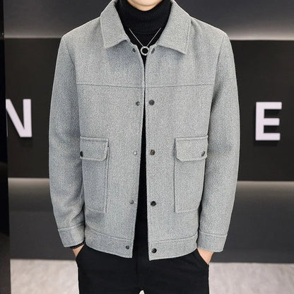 Casual khaki polo collar jacket with side seam pockets on a solid background.