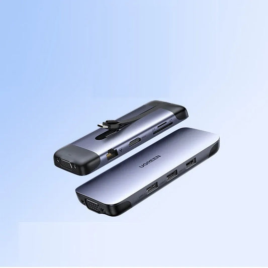 Dock expansion USB adapter converter with HDMI, PD charging, and USB 3.0 ports on a desk