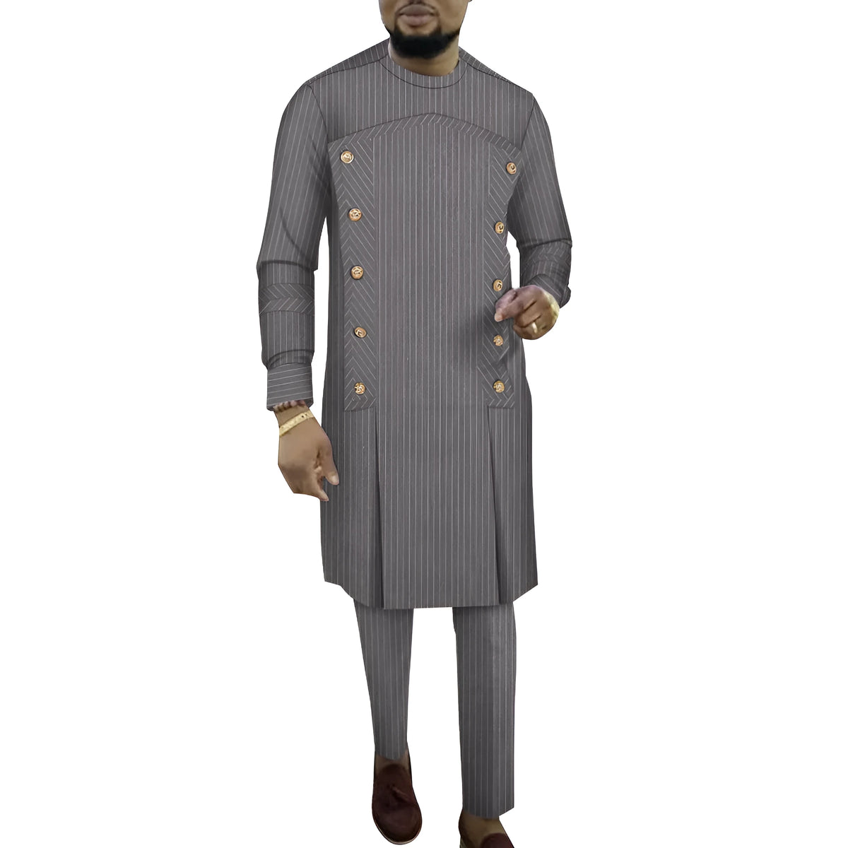 African-inspired striped cotton robe two-piece set for men showing top and trousers in multiple colour variations
