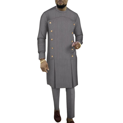 African-inspired striped cotton robe two-piece set for men showing top and trousers in multiple colour variations