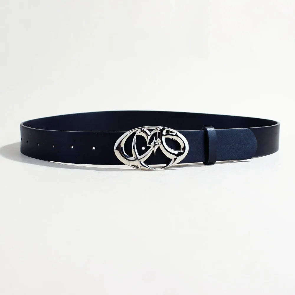Silver alloy buckle snap-fastening on a 3.3cm wide brown PU leather casual belt