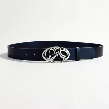 Silver alloy buckle snap-fastening on a 3.3cm wide brown PU leather casual belt