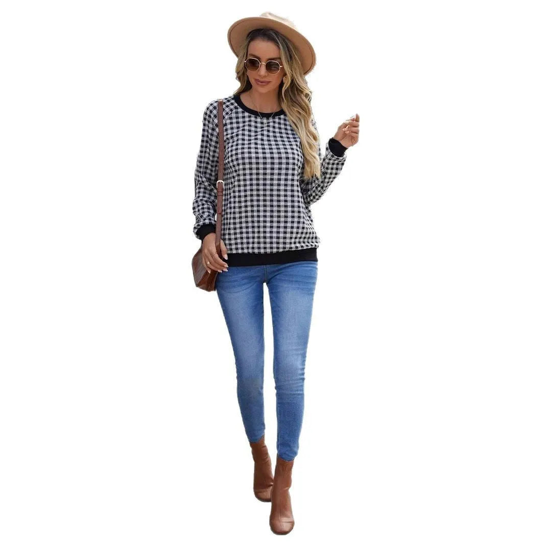 Black plaid long sleeve pullover sweater with printing, sizes S to XXL