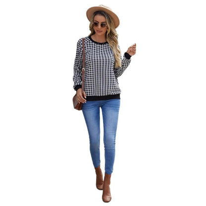Black plaid long sleeve pullover sweater with printing, sizes S to XXL