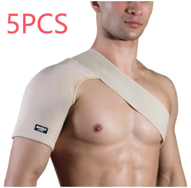 Adjustable skin-colour one-shoulder sports protective strap for weightlifting and running.