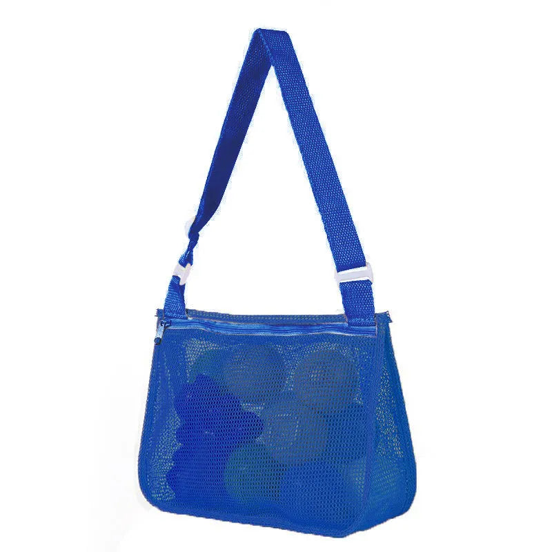Blue children's travel storage organiser bag with nylon mesh construction and shoulder strap