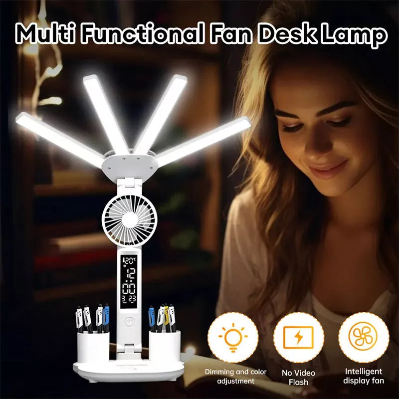 3-in-1 Multifunction LED Desk Lamp with fan, calendar clock, and adjustable lighting