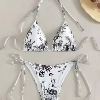 Halter neck lace-up bikini set with floral ink print, polyester lining, in black, light blue or pink