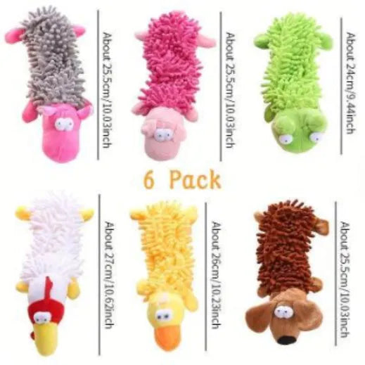 Plush horse molar dog toy in various animal colour designs including brown dog and yellow duck.