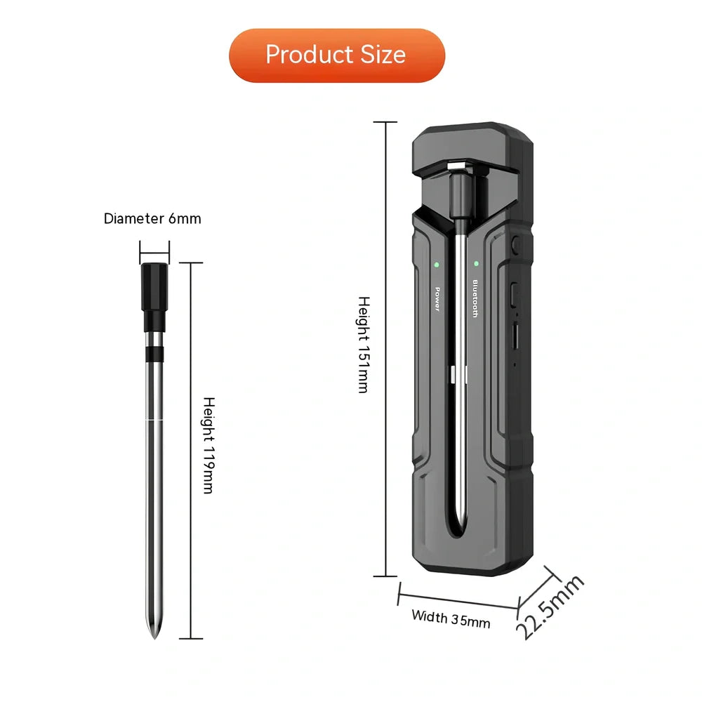 Black wireless kitchen thermometer with LCD display, two stainless steel probes, and magnetic backing for oven door attachment