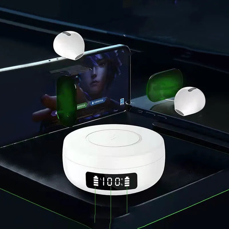 Mini small semi-in-ear wireless headphones with charging compartment, showing black and white colour options