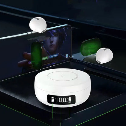 Mini small semi-in-ear wireless headphones with charging compartment, showing black and white colour options
