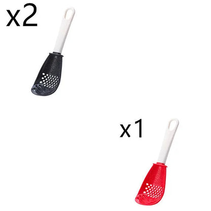 Red plastic multifunctional cooking spoon with serrated edge for grinding and half-enclosed scoop design