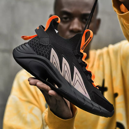 Men's Ultralight Flying Woven Breathable Sequin Lace-up Shoes in Black, White moon, and Black orange