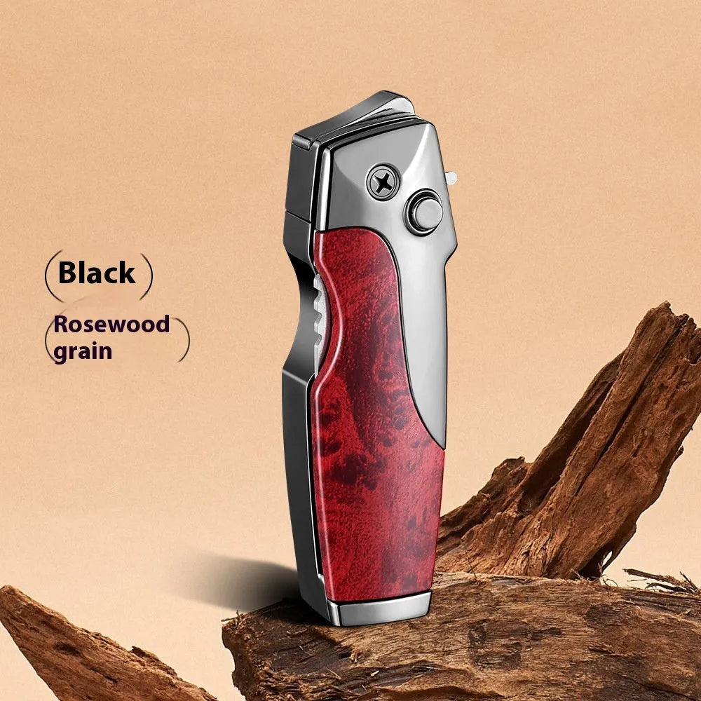 Metal folding lighter with integrated knife showing zinc alloy construction and safety lock mechanism