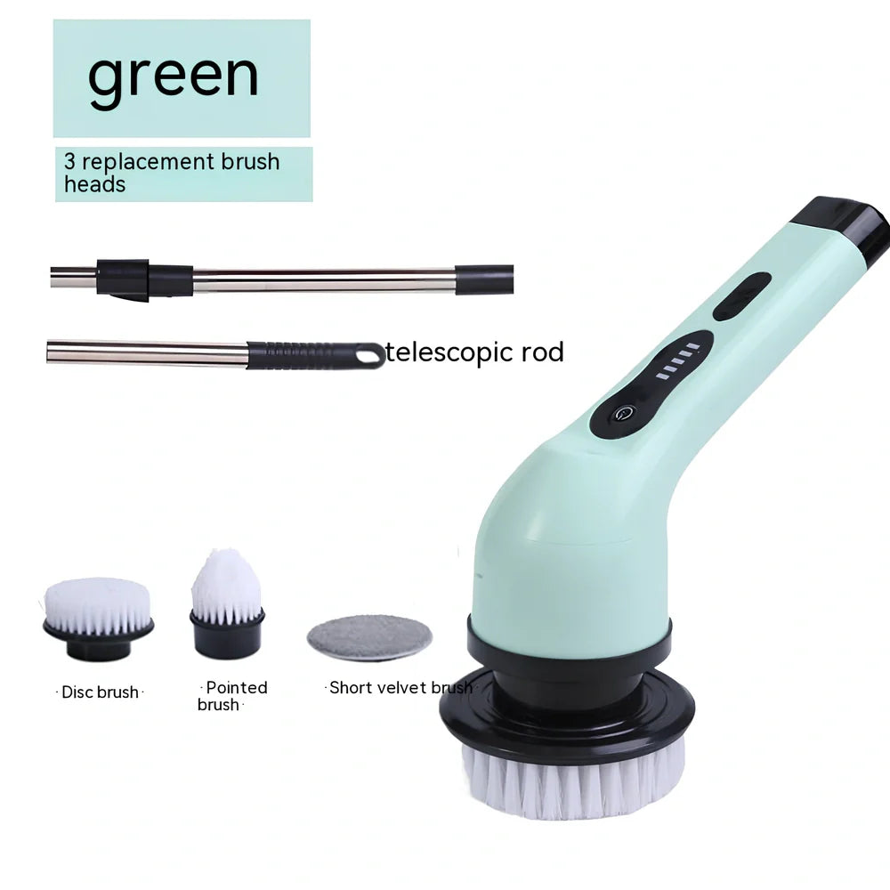 Handheld electric cleaning brush with rotating heads in white or green colours