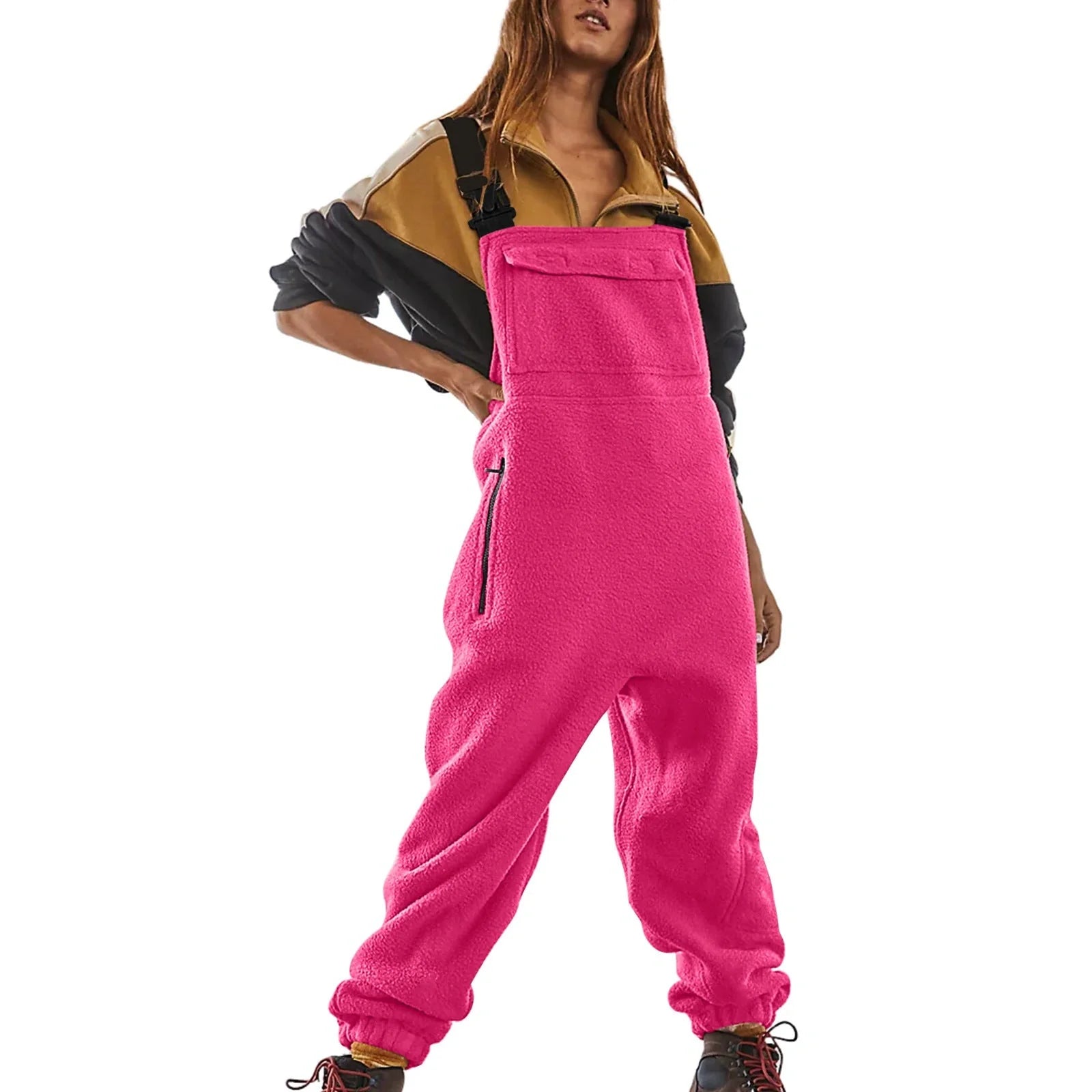 Premium polar fleece jumpsuit in various colors, featuring adjustable suspenders and a wide waistband for a customized fit.
