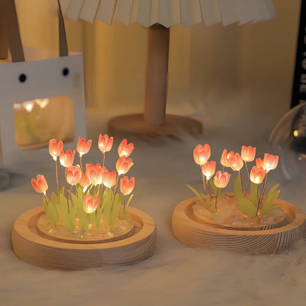 Handmade tulip night light with glass lampshade and adjustable heat shrinkable film flowers in blue, pink, or purple