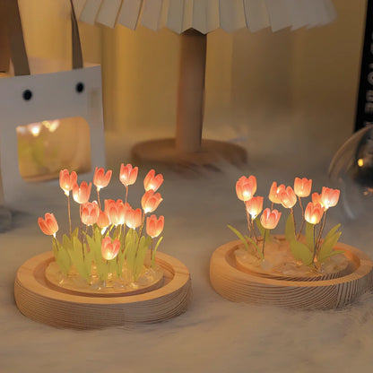 Handmade tulip night light with glass lampshade and adjustable heat shrinkable film flowers in blue, pink, or purple