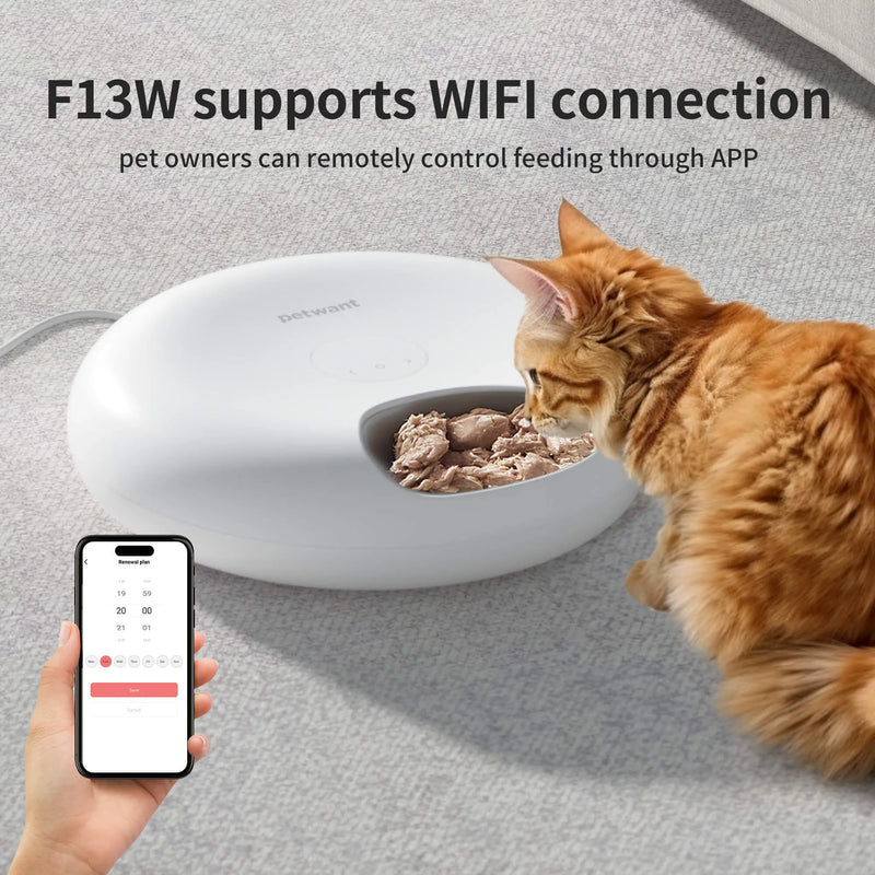 Automatic cat food dispenser with WiFi 6 app control, programmable pet feeder for dry and wet food, includes two ice packs for freshness and dishwasher-safe removable tray with 6 compartments holding ½ lb each.