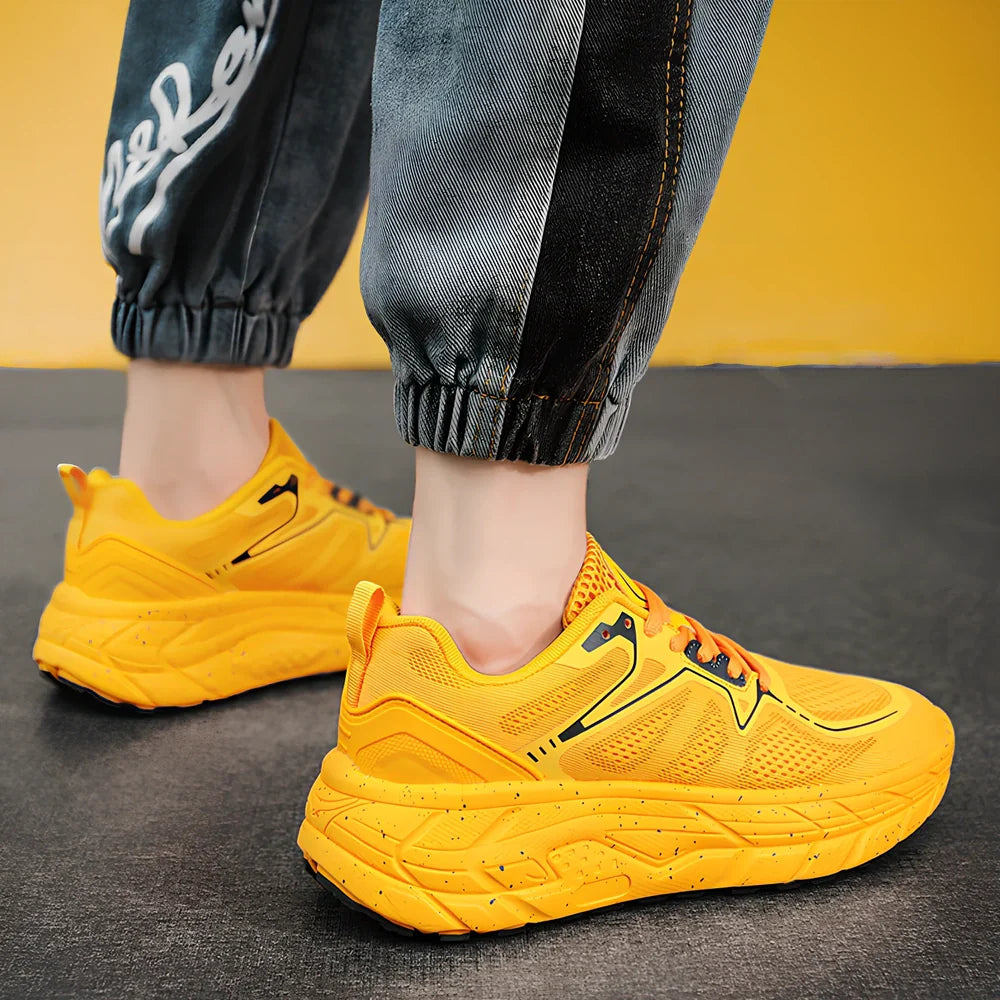 Men's and women's running shoes with mesh upper, EVA-rubber sole, slope heel design in white, black, red or yellow