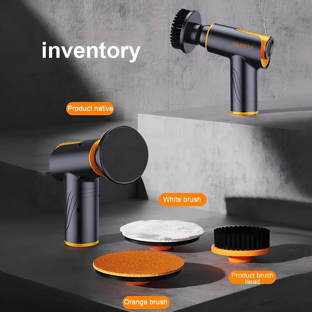 Black car polishing machine with 12cm throwing disc and USB-C charging cable for vehicle maintenance