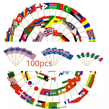 Decorative paper toothpick flags for cakes and desserts, representing 100 countries