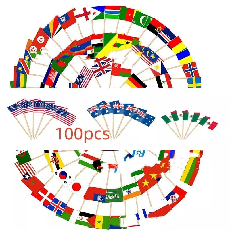 Decorative paper toothpick flags for cakes and desserts, representing 100 countries
