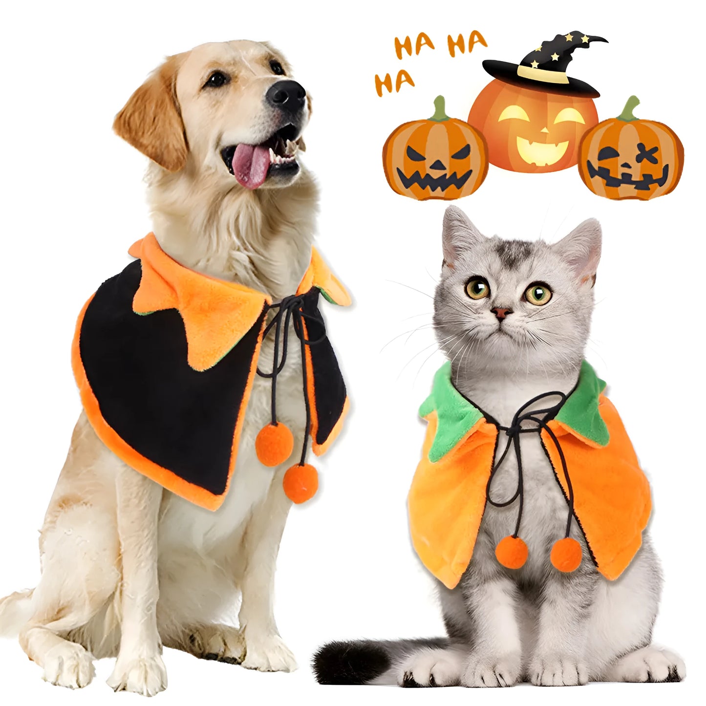 Reversible Halloween pumpkin cloak for dogs and cats in plush fabric