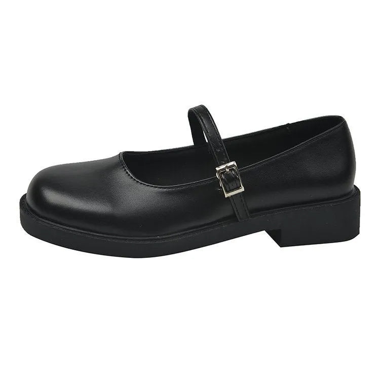 Women's solid colour French vintage leather shoes with round toe and flat heel design in red, black, and grey options