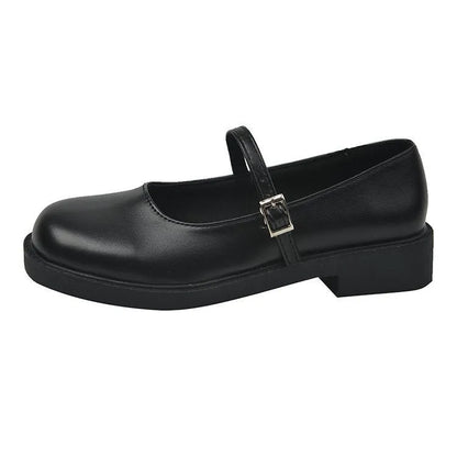 Women's solid colour French vintage leather shoes with round toe and flat heel design in red, black, and grey options