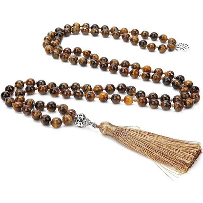 Handmade knotted beaded necklace with 108 natural stone beads in various colours.