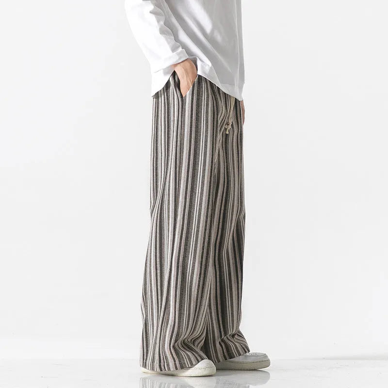 Vintage stripe loose straight mopping pants in cotton blend fabric showing straight leg and mid waist design