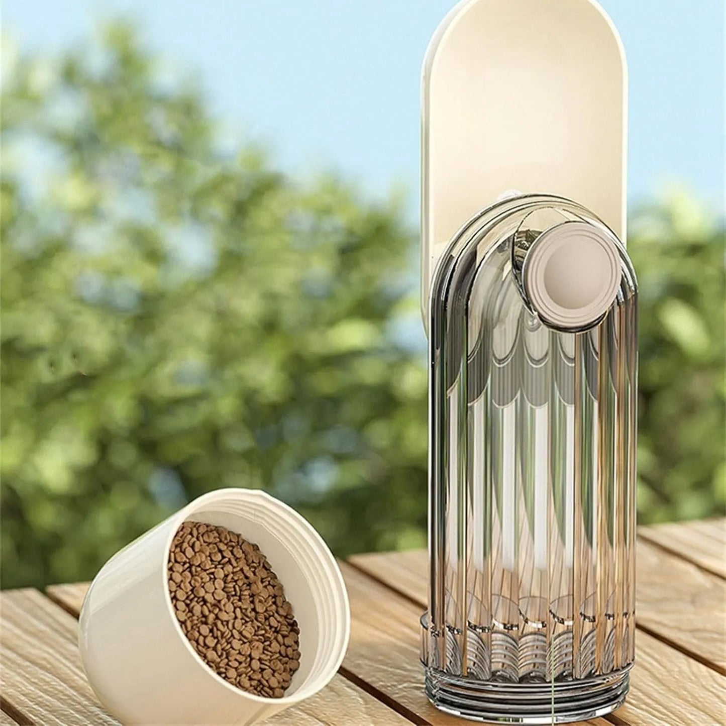 Beige or green foldable dog water bottle with food container, measuring 21.5cm height
