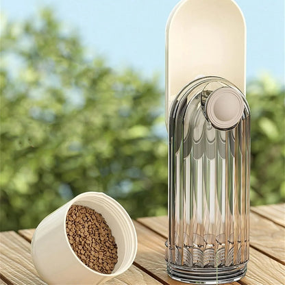 Beige or green foldable dog water bottle with food container, measuring 21.5cm height