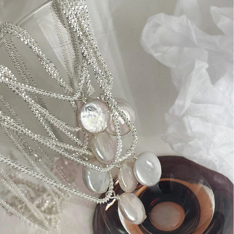 Elegant 925 Sterling Silver Necklace featuring lustrous Baroque Pearls in a sophisticated starry sky chain design