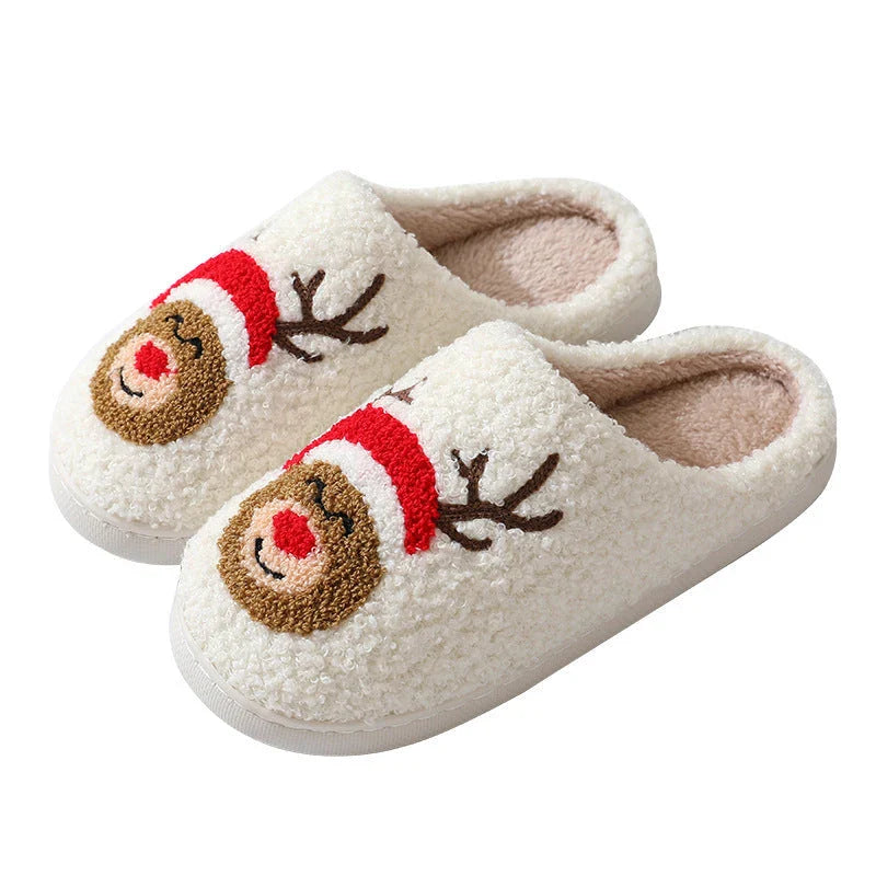 Cozy Christmas slippers in festive designs of Santa Claus, Moose, and Gingerbread Man