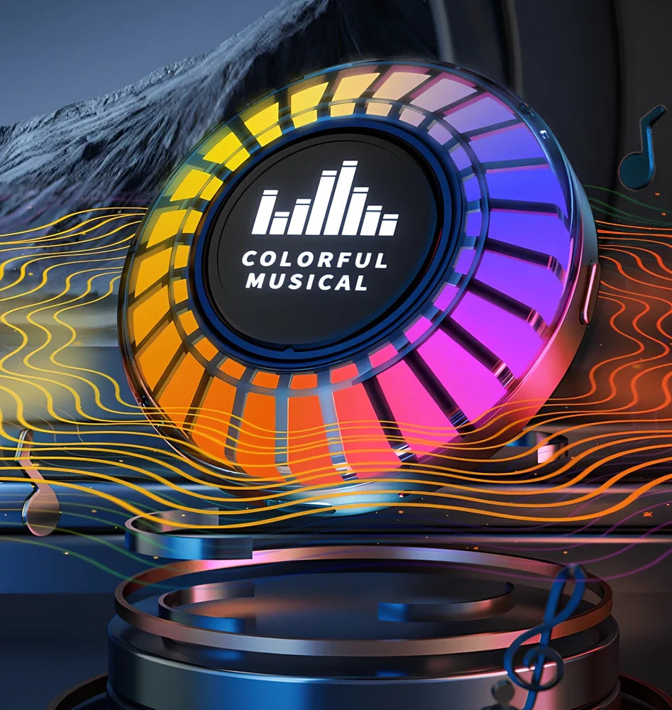 Car aromatherapy RGB light with 24 LEDs showing colour-changing patterns on vehicle air vent