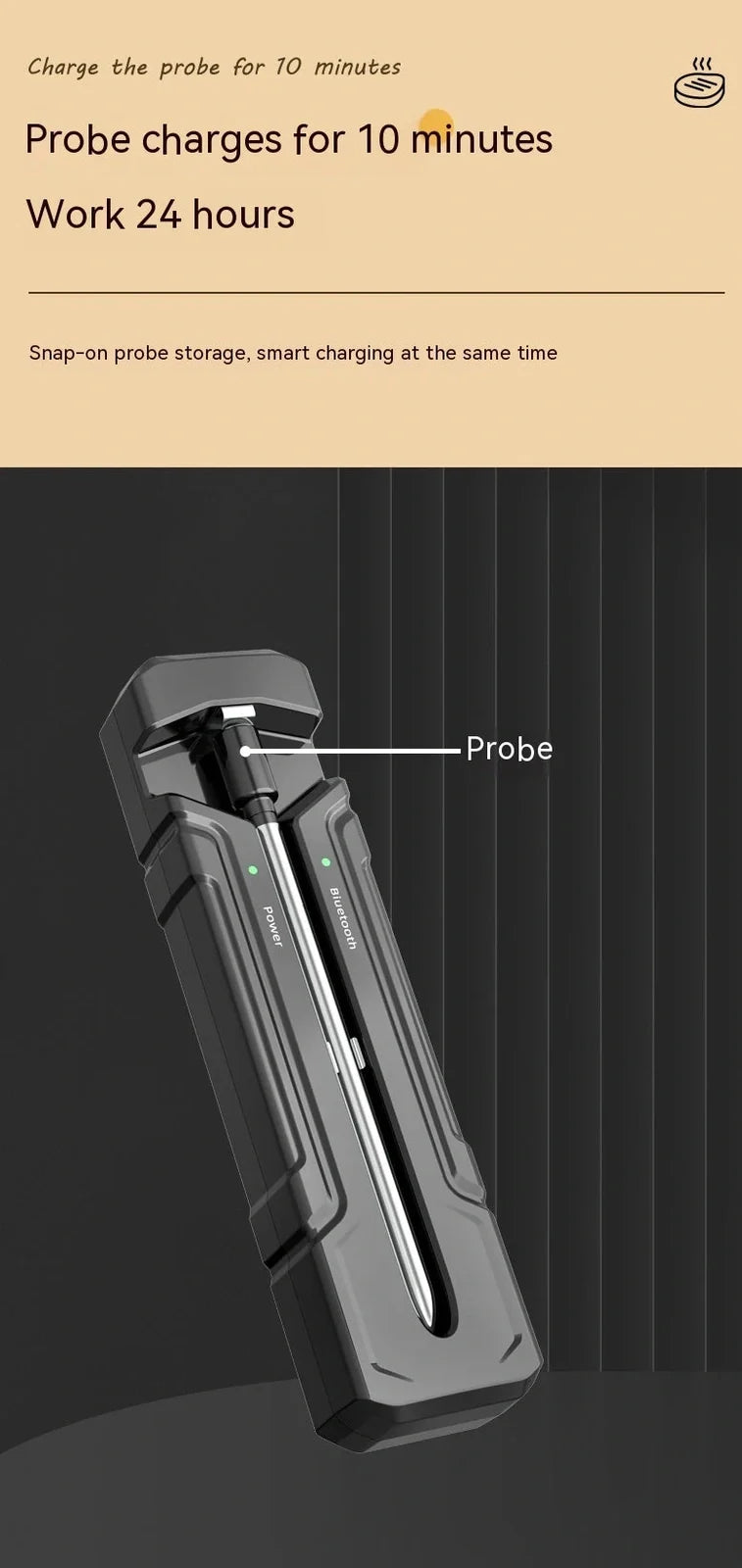 Black wireless kitchen thermometer with LCD display, two stainless steel probes, and magnetic backing for oven door attachment